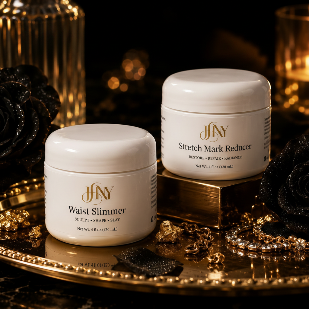 Body by JHNY Define After Dark duo with Waist Slimmer and Stretch Mark Reducer in a dark gold-lit studio setting
